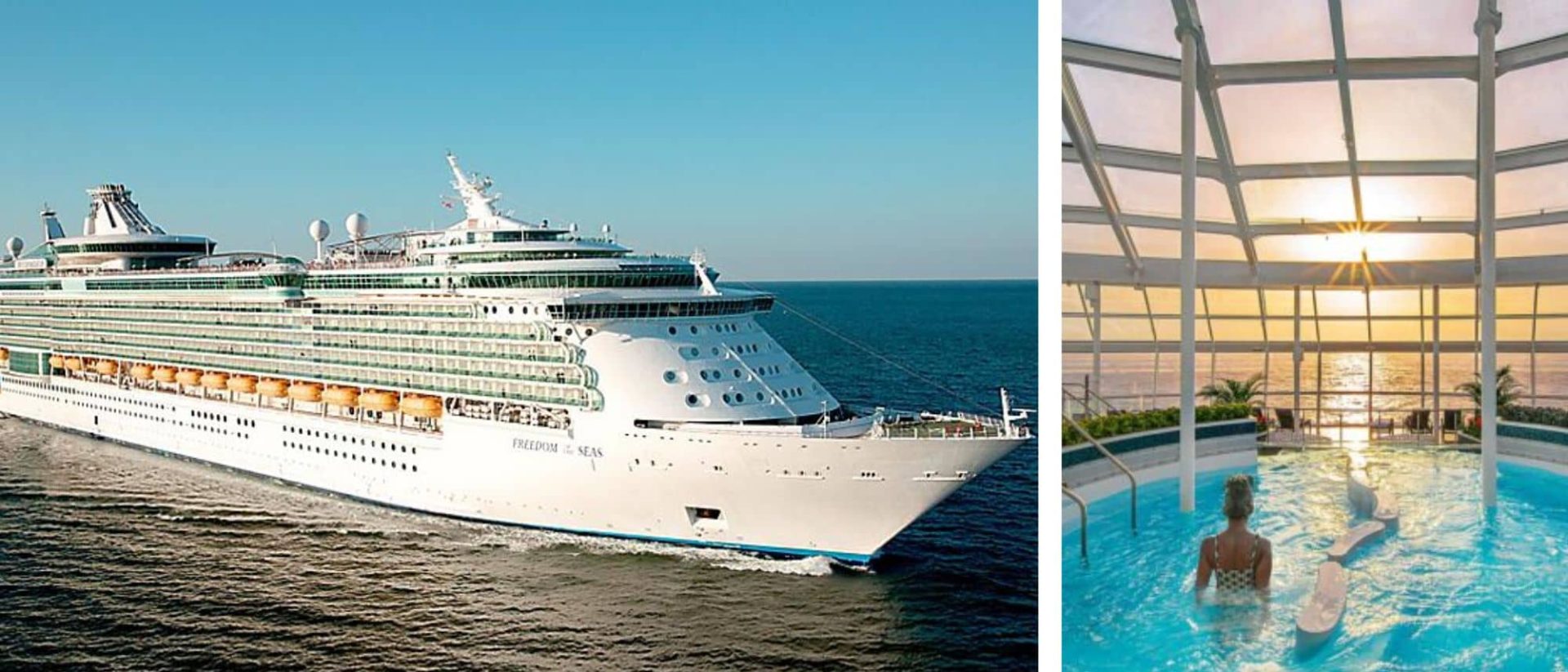 two pictures of a cruise ship and a swimming pool.