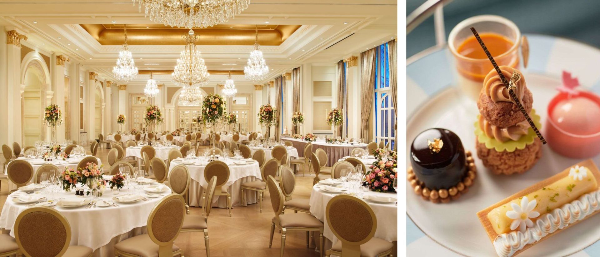 Two pictures of a banquet room with desserts and a chandelier.