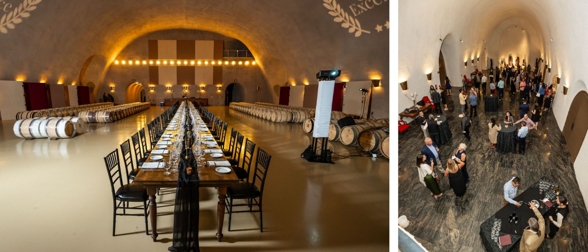 Two pictures of a wine tasting in a wine cellar.