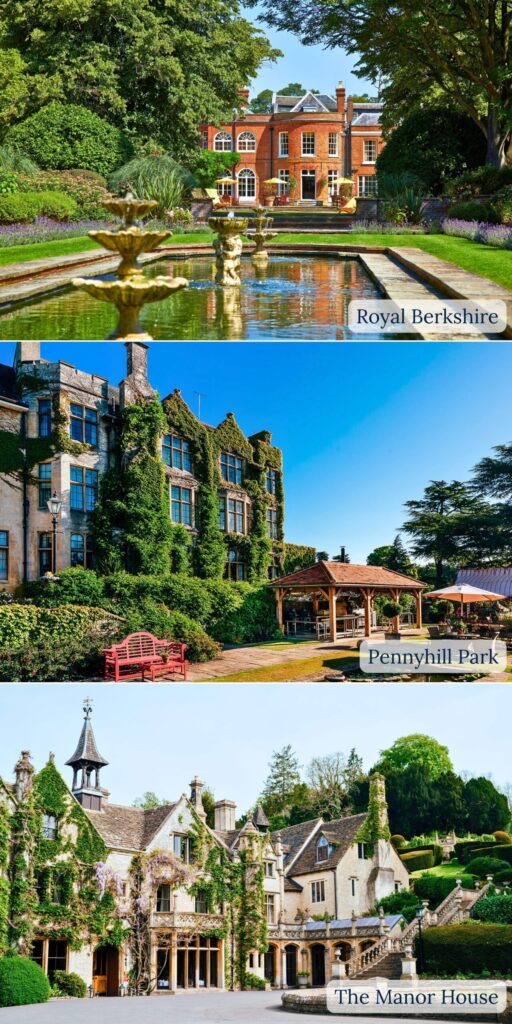 Collage of three photos: Royal Berkshire, Pennyhill Park, and The Manor House